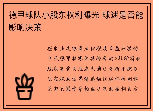 德甲球队小股东权利曝光 球迷是否能影响决策